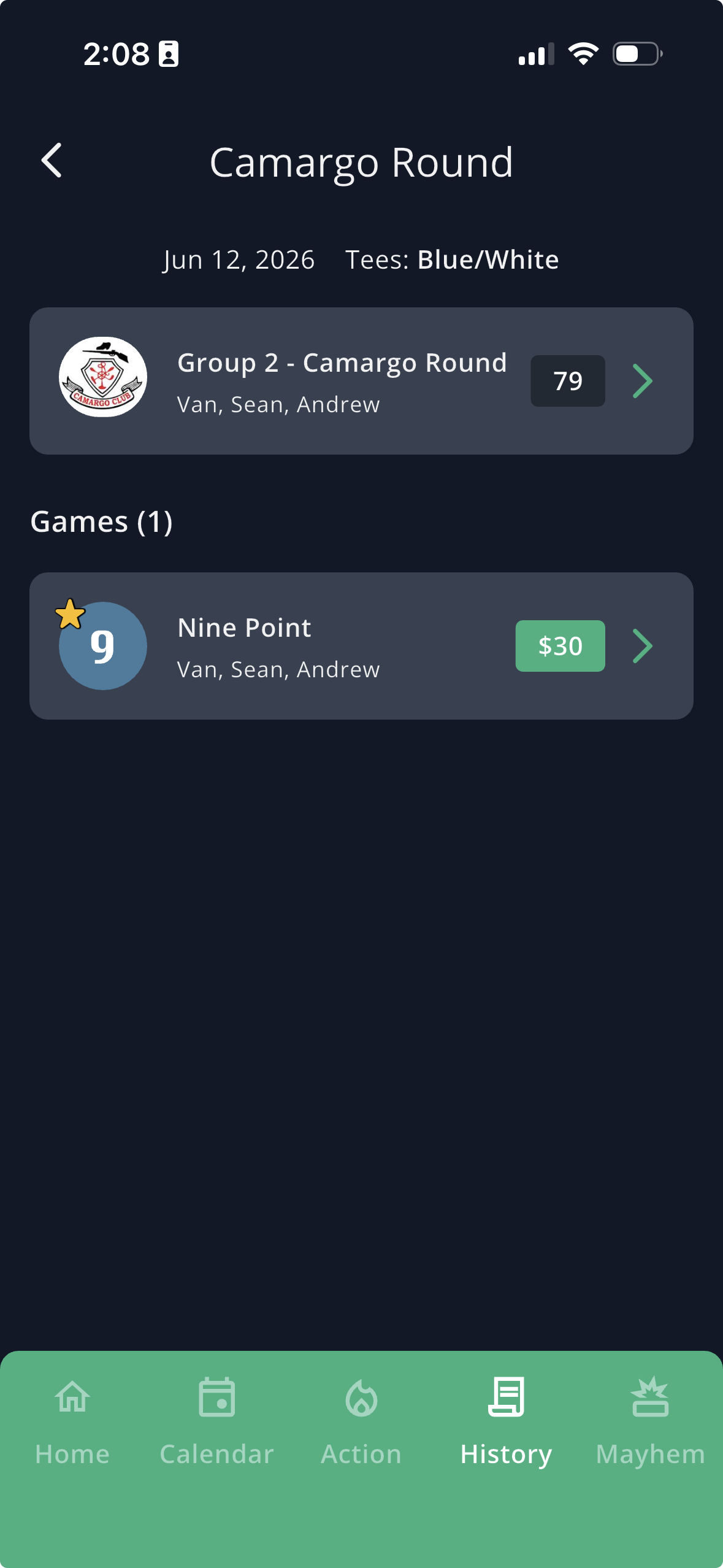 GolfApp round screen listing each game with its payout — a Nine Point game showing $30