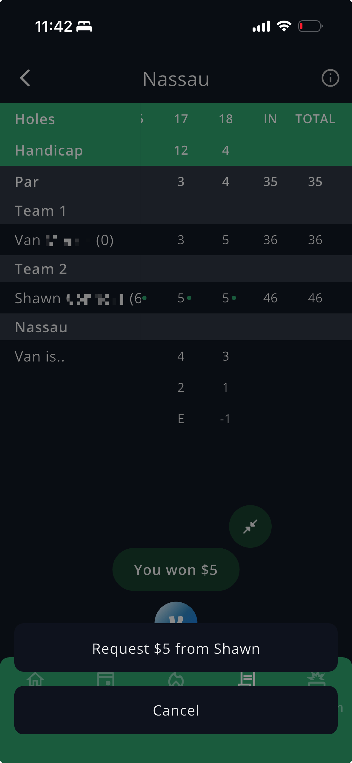 GolfApp Nassau game showing 'You won $5' with a one-tap Venmo request for $5 from another player
